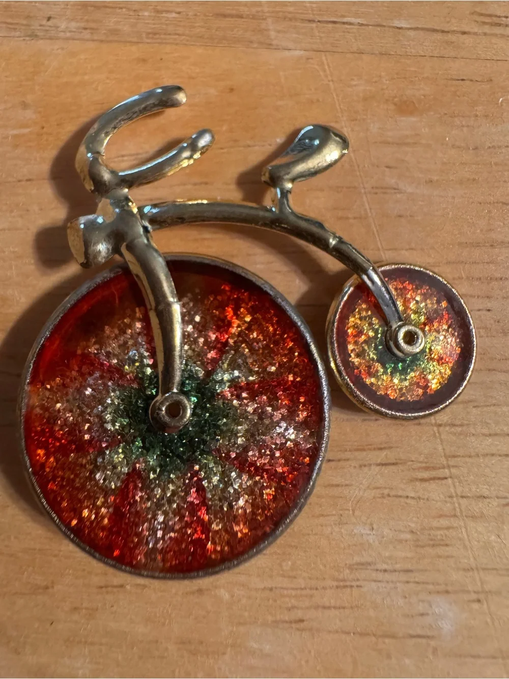 Brush Gold Tone Enameled Tricycle Brooch Pin